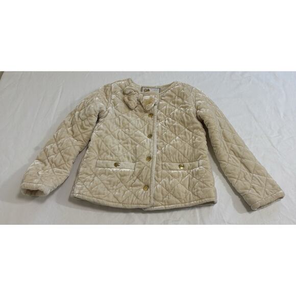 Janie and Jack Girls Sz 3 To 4 Years Cream Quilted Velvet Jacket Snap Front Bow - Picture 1 of 10